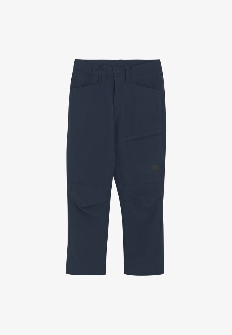 Granatowe spodnie do kolan, wykonane z miękkiego, elastycznego materiału; posiadają liczne kieszenie i naszywkę z logo z boku.