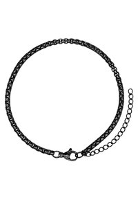 Collana in metallo nero caratterizzata da segmenti rettangolari collegati e chiusura a moschettone, con un'estensione della catena regolabile.