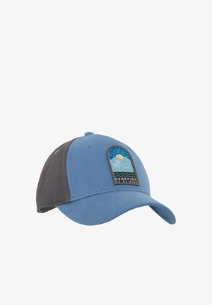 Casquette de baseball bleue et grise avec un patch représentant un soleil, des montagnes, des palmiers, une camionnette, et le texte « Sunshine on my mind ».