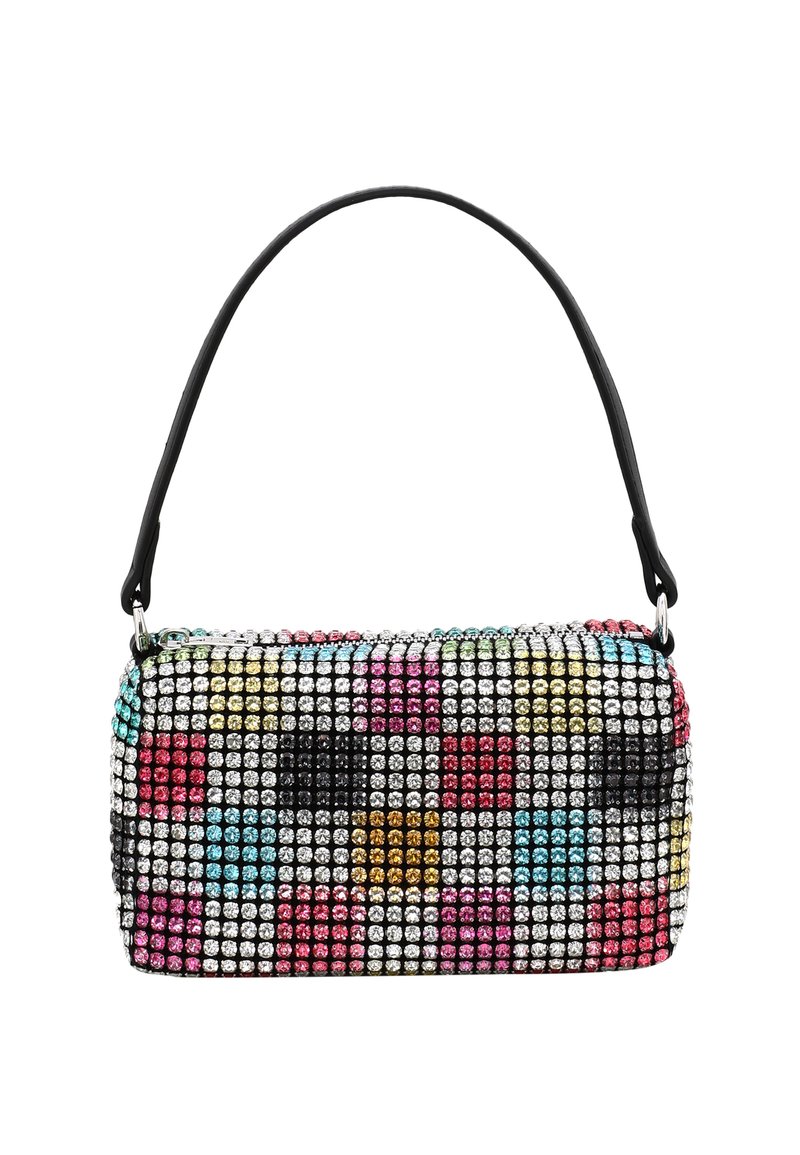 Borsa a mano con perline, superficie nera texturizzata, caratterizzata da luminosi strass colorati in un motivo geometrico e una singola tracolla nera per il trasporto.