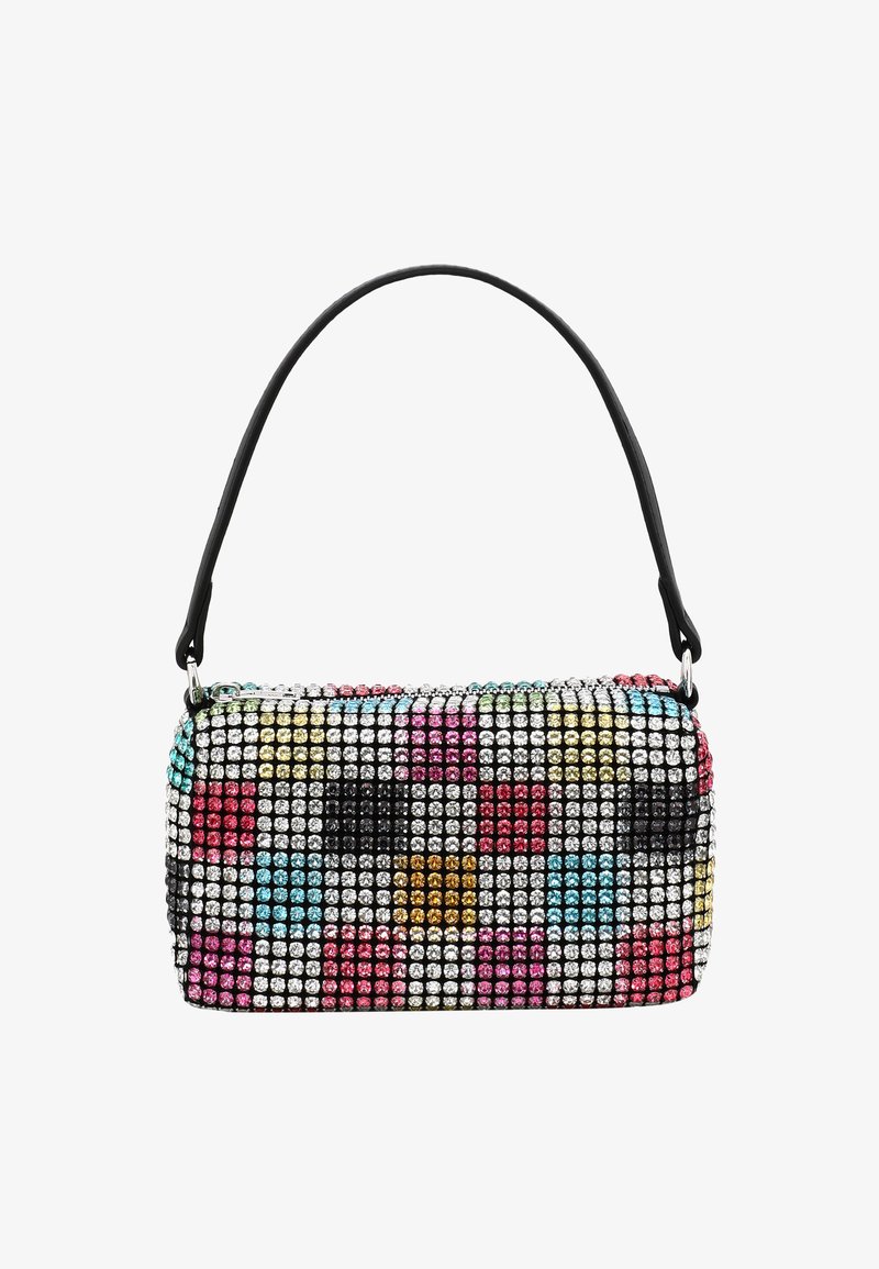 Pärlad handväska med svart texturerad yta, prydd med färgglada rhinestones i ett geometriskt mönster, och ett enda svart bärrem.