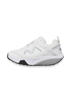 White athletic shoe with black and gray sole, mesh upper, lace-up design, side logo, and pull tab on the heel.
