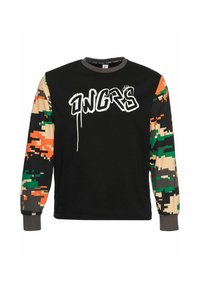 Black sweatshirt with multicolored digital camo print sleeves. Features a white graphic text "ONGRS" on the front. Cotton material, crew neck design.