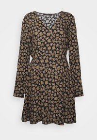 Czarna sukienka z długimi rękawami, dekoltem w kształcie litery V i kwiatowym wzorem w różowe i zielone. Rozkloszowany krój, wykonana z lekkiego materiału.