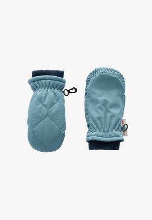 Muffole trapuntate azzurro chiaro con polsini in maglia blu navy, dotate di un gancio per il fissaggio. Materiale morbido e isolato progettato per il calore.