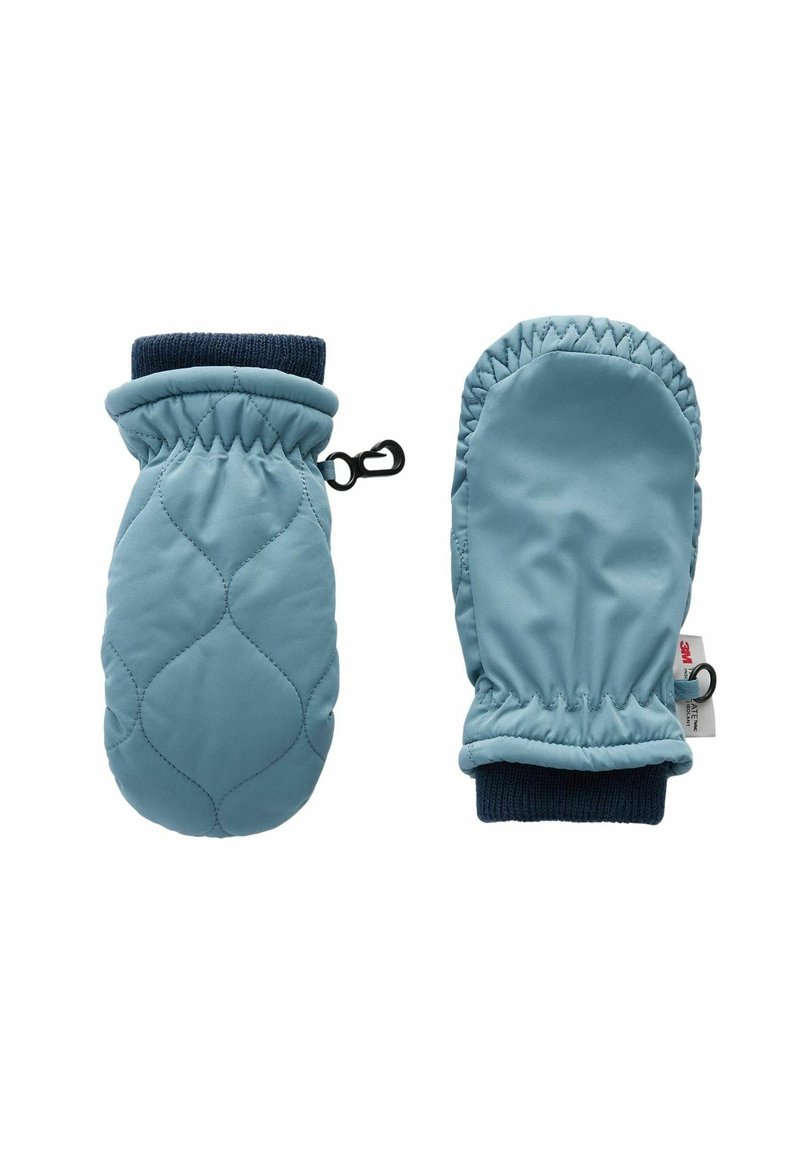 Mouffles matelassées bleu clair avec des poignets tricotés bleu marine, offrant un crochet pour attacher. Matériau doux et isolé conçu pour la chaleur.