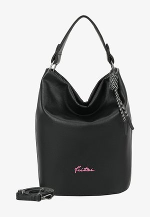 Zwarte imitatielederen bucketbag met een gestructureerde afwerking, een casual gedrapeerd ontwerp en een afneembare schouderriem. Voorzien van een roze logodetail.