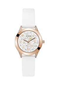 Valge rihma käekell roosa kuldse äärisega, kristallaktsentidega ja eri suurusega pärlite ning selgete vääriskividega kaunistatud numbrilised näidikud, näidates aega 10:10.