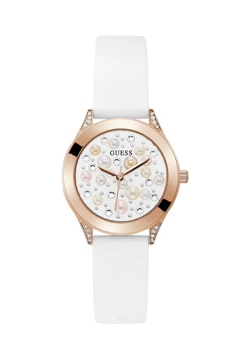 Valge rihma käekell roosa kuldse äärisega, kristallaktsentidega ja eri suurusega pärlite ning selgete vääriskividega kaunistatud numbrilised näidikud, näidates aega 10:10.