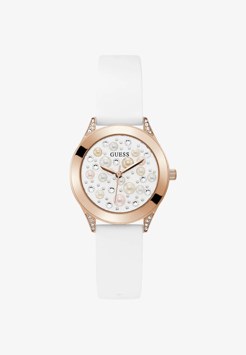 Valge rihma käekell roosa kuldse äärisega, kristallaktsentidega ja eri suurusega pärlite ning selgete vääriskividega kaunistatud numbrilised näidikud, näidates aega 10:10.