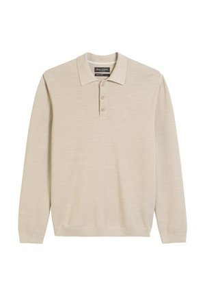 Beige long-sleeve polo shirt made from textured knit fabric. Features a ribbed collar and three-button placket. Simple and classic design.