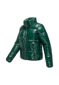 Zelena puffer jakna, sjajni finiš, skraćeni dizajn, visoki ovratnik, prednji zatvarač, horizontalno qutiranje, bočni džep, elastične manžetne.