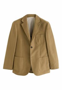 Pánský blazer v odstínu tan, s klopovými límci, jedn�ím knoflíkem, třemi vnějšími kapsami a hladkým podšívkou. Tkanina má matný povrch.