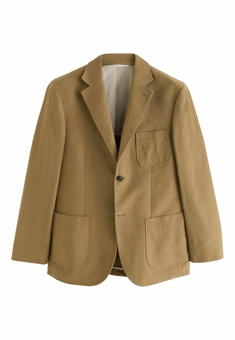 Blazer bej cu rever tăiat, închidere cu un buton, trei buzunare exterioare și o căptușeală interioară netedă. Materialul are o textură mată.