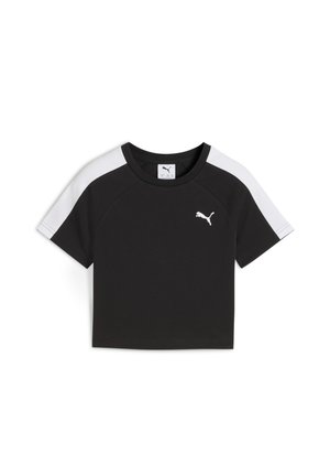 Tricou negru cu mânecă scurtă, cu mâneci albe în contrast, având gât rotund și un mic logo alb pe piept. Fabricat din material din bumbac.