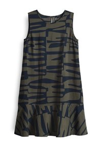 Robe sans manches longueur genou avec motif géométrique abstrait vert foncé et noir et ourlet volanté.