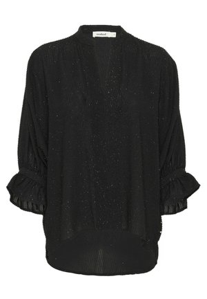 Blusa negra de mangas largas hecha de una tela texturizada con hilos metálicos sutiles. Presenta puños con volantes y un diseño de dobladillo asimétrico.