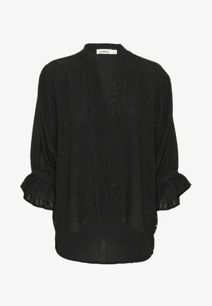 Czarna bluzka z długim rękawem wykonana z teksturowanej tkaniny z subtelnymi metalicznymi nitkami. Posiada falbany przy mankietach oraz wzór z wyższym przodem i niższym tyłem.