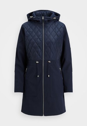 Navy padded coat with a quilted upper section, hood, full zipper, drawstring waist, and two front pockets. Smooth texture, modern design.