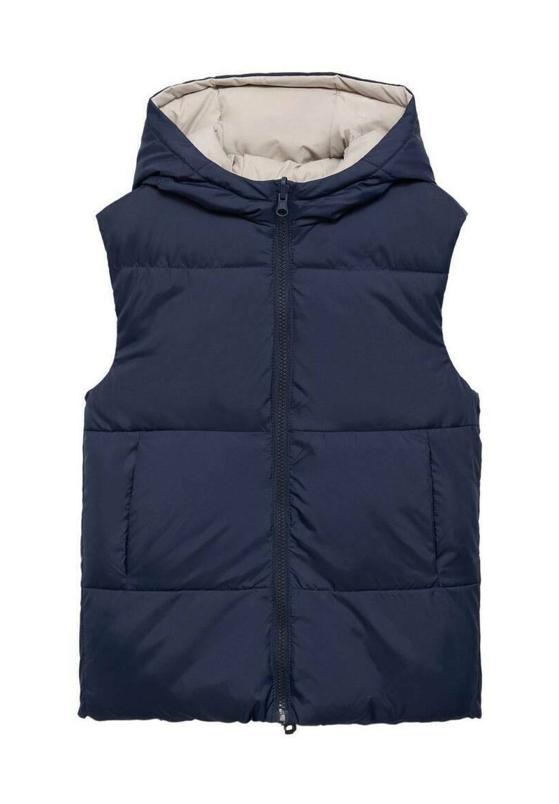 Mornarsko modra podložena usnjeva z kapuco, sprednja zadrga in dve stranski žepki. Gladko, lahko blago s kontrastno bež podlogo.