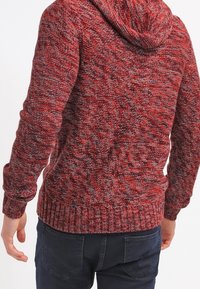Rote und graue Strickjacke mit einem strukturierten Muster, ausgestattet mit Kapuze sowie gerippten Bündchen und Saum. Getragen mit dunkler Hose.