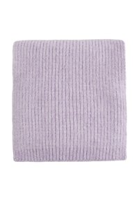 Lavender spalvota megzta antklodė su vertikaliu raštu, minkšta medžiaga, stačiakampio formos ir vienoda spalva visame paviršiuje. Nėra matomų raštų ar akcentų.