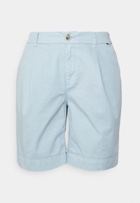 Light blue shorts made from cotton blend fabric. Features a button closure, pleats, and rolled hems for a casual look.