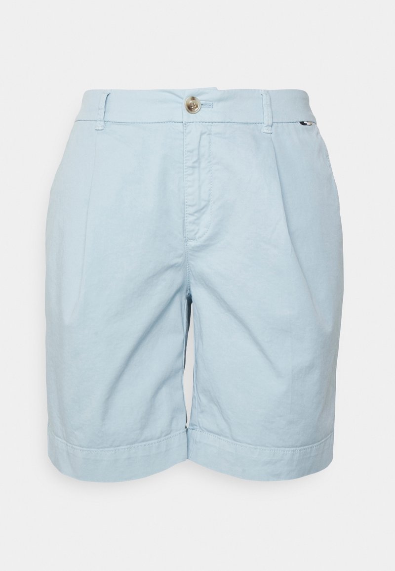 Light blue shorts made from cotton blend fabric. Features a button closure, pleats, and rolled hems for a casual look.