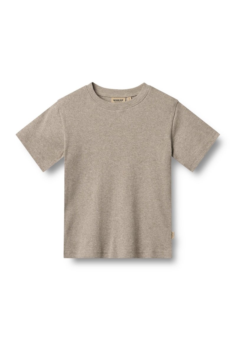 Grijze T-shirt met korte mouwen van zacht katoen. Heeft een ronde halslijn en een klein merketiket aan de zijkant. Soepele textuur, eenvoudig ontwerp.