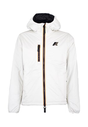 Giacca a vento bianca imbottita con fodera interna nera, chiusura frontale con zip e logo sul petto sinistro. Presenta un cappuccio e orli rinforzati, con dettagli multicolori sulla zip.