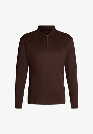 Braun langärmliges Polohemd aus glattem Stoff, mit einem Viertelreißverschluss-Kragen und ohne sichtbare Muster oder Akzente.