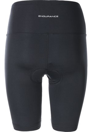 Sorte cykelshorts lavet af strækbart materiale, med polstret sædeområde, glatte sømme og en elastisk talje med "ENDURANCE" logo.