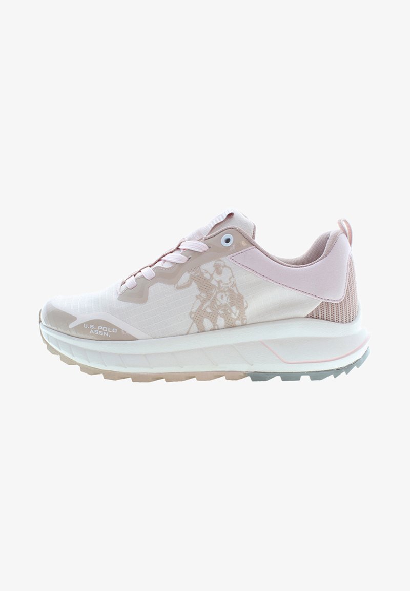 Light pink athletic shoe with mesh upper, textured accents, and a cushioned sole. Features logo detail and tonal graphic on the side.