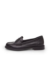 Black leather loafers with a woven front detail, rounded toe, and low-profile rubber sole. Smooth texture and classic design.