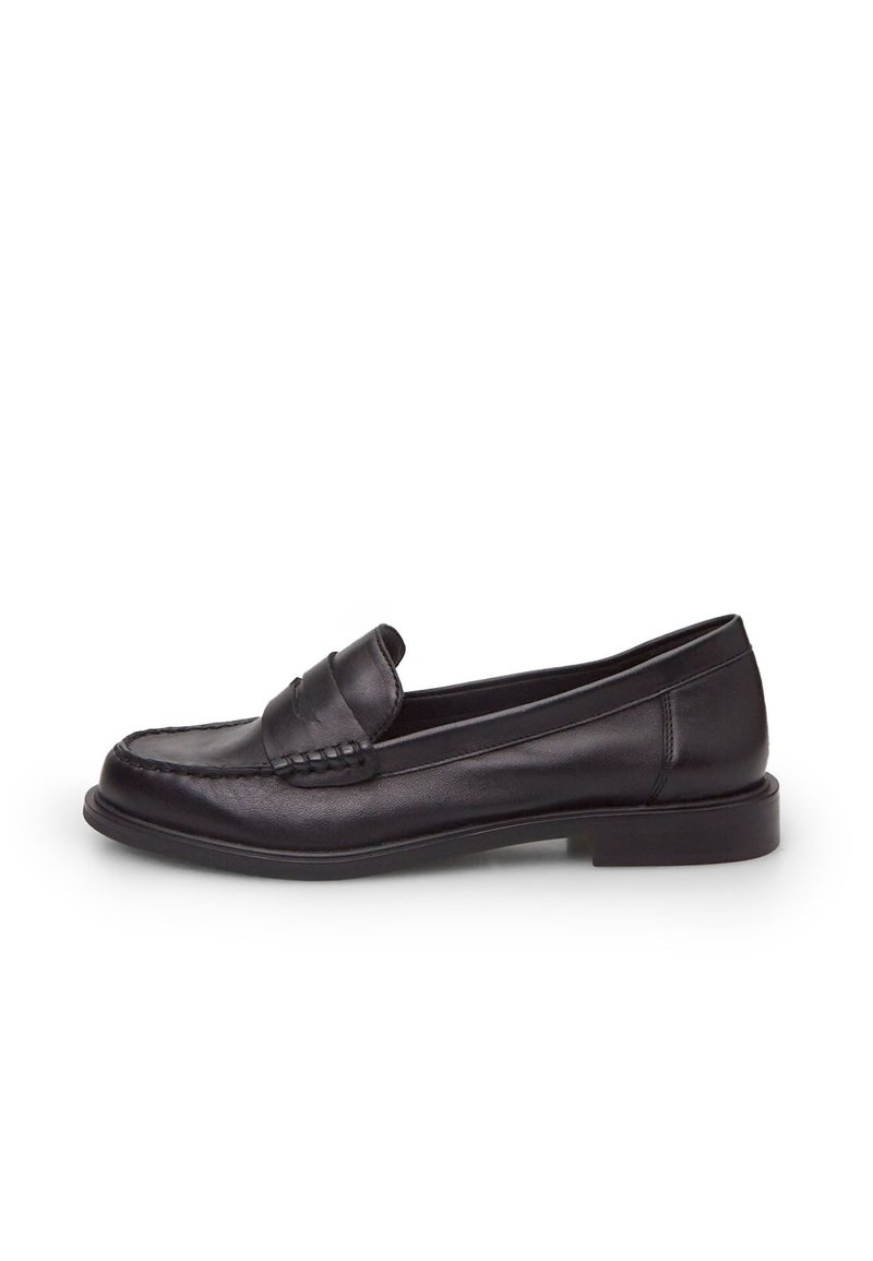 Black leather loafers with a woven front detail, rounded toe, and low-profile rubber sole. Smooth texture and classic design.
