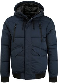 Granatowa kurtka puchowa z zamkiem z przodu, regulowanym kapturem, dwoma bocznymi kieszeniami oraz ściągaczami przy mankietach. Charakteryzuje się pikowaną teksturą i gładkim wykończeniem materiału.
