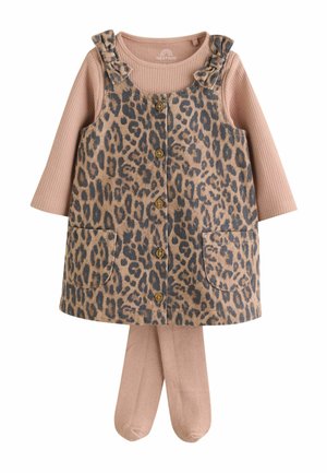 Tøj til småbørn med ribbet langærmet bluse, leopardprint kjole med knapper og sløjfer på stropperne samt matchende beige strømpebukser.