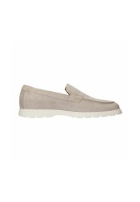 Beige Wildleder Slipper mit runder Zehenpartie und einer weißen Gummisohle, die minimalistische Nähte und ein dezentes Seitenpaneel-Detail aufweist.