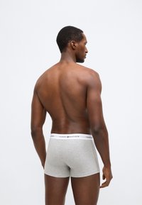 Šedé bavlněné trenýrky s bílým pasem nesoucím logo "Tommy Hilfiger". Model je zobrazen zezadu, ukazující přiléhavý střih.