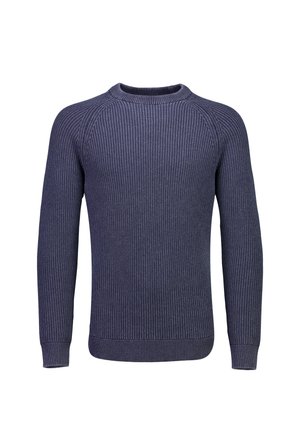 Pull en maille bleu marine à manches longues, col rond, avec texture côtelée, poignets et ourlet côtelés.
