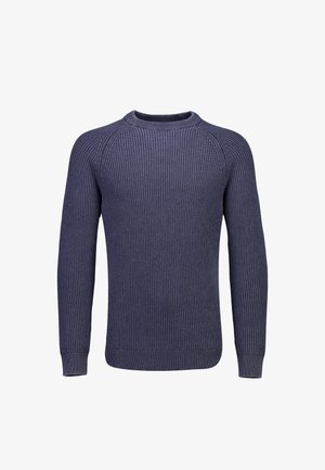 Maglione blu navy a maniche lunghe con scollo rotondo, lavorazione a maglia e dettagli a coste sui polsini e sull'orlo.