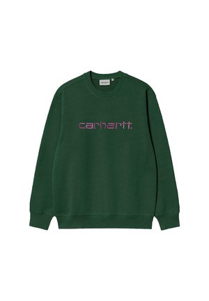 Sudadera verde de mezcla de algodón con cuello redondo, puños acanalados y un destacado logo bordado en rosa de "carhartt" en la parte frontal.