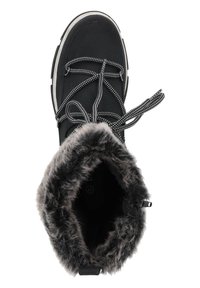 Stivale invernale nero con tomaia sintetica, fodera in pelliccia grigia e lacci in contrasto bianco e nero. Presenta una suola spessa e un design flessibile.