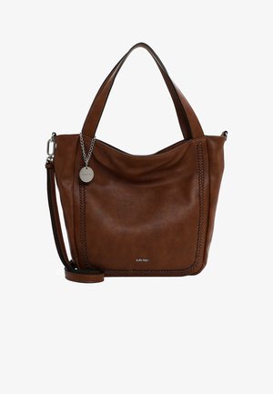 Sac à épaule en cuir marron avec une texture douce, doté d'un détail tressé sur le côté, de poignées courtes et d'une bandoulière amovible.