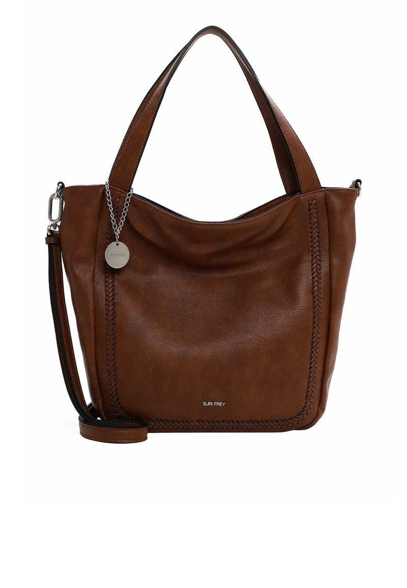 Sac à épaule en cuir marron avec une texture douce, doté d'un détail tressé sur le côté, de poignées courtes et d'une bandoulière amovible.