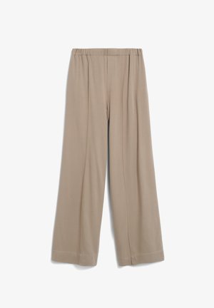 Pantaloni beige a gamba larga realizzati in un tessuto morbido, con vita elastica e pieghe davanti per una vestibilità rilassata. Non sono presenti tasche visibili.