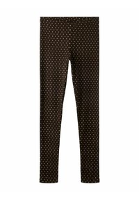 Brune tettsittende leggings med små beige polkadotter, elastisk midjebånd og ankellang lengde, lagt flatt på hvit bakgrunn.