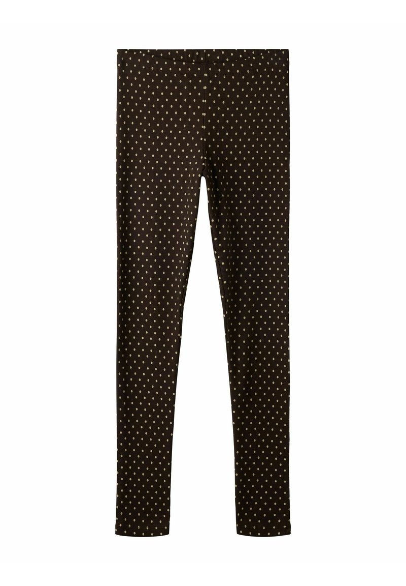 Brune tettsittende leggings med små beige polkadotter, elastisk midjebånd og ankellang lengde, lagt flatt på hvit bakgrunn.