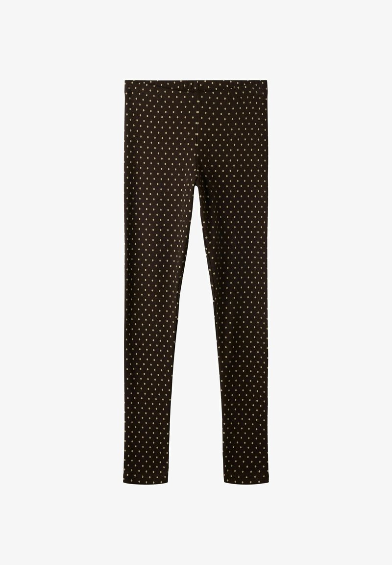 Brune tettsittende leggings med små beige polkadotter, elastisk midjebånd og ankellang lengde, lagt flatt på hvit bakgrunn.