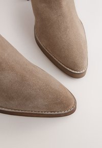 Stivaletti alla caviglia in camoscio color taupe con punta appuntita, superficie texturizzata e dettaglio di cuciture a contrasto lungo il bordo della suola.